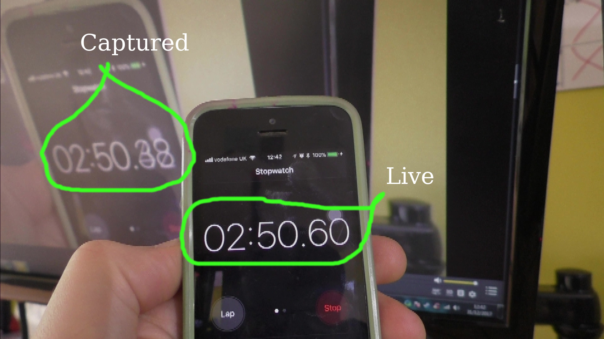 image of phone stop watch app and the captured feed. Showing Windows 7 latency is around 200ms